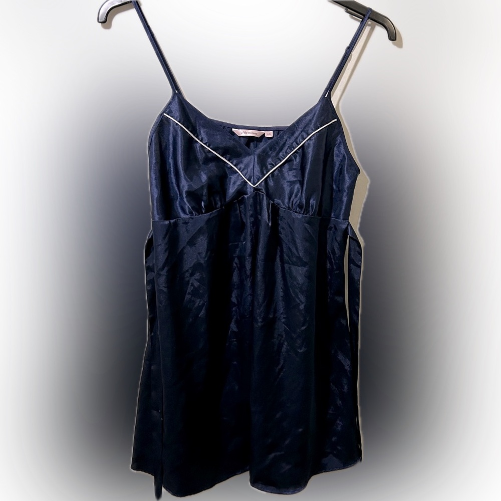 La Vie En Rose Women’s Satin Navy Blue Slip Dress, Back Tie Belt Nautical Size L - Picture 2 of 8